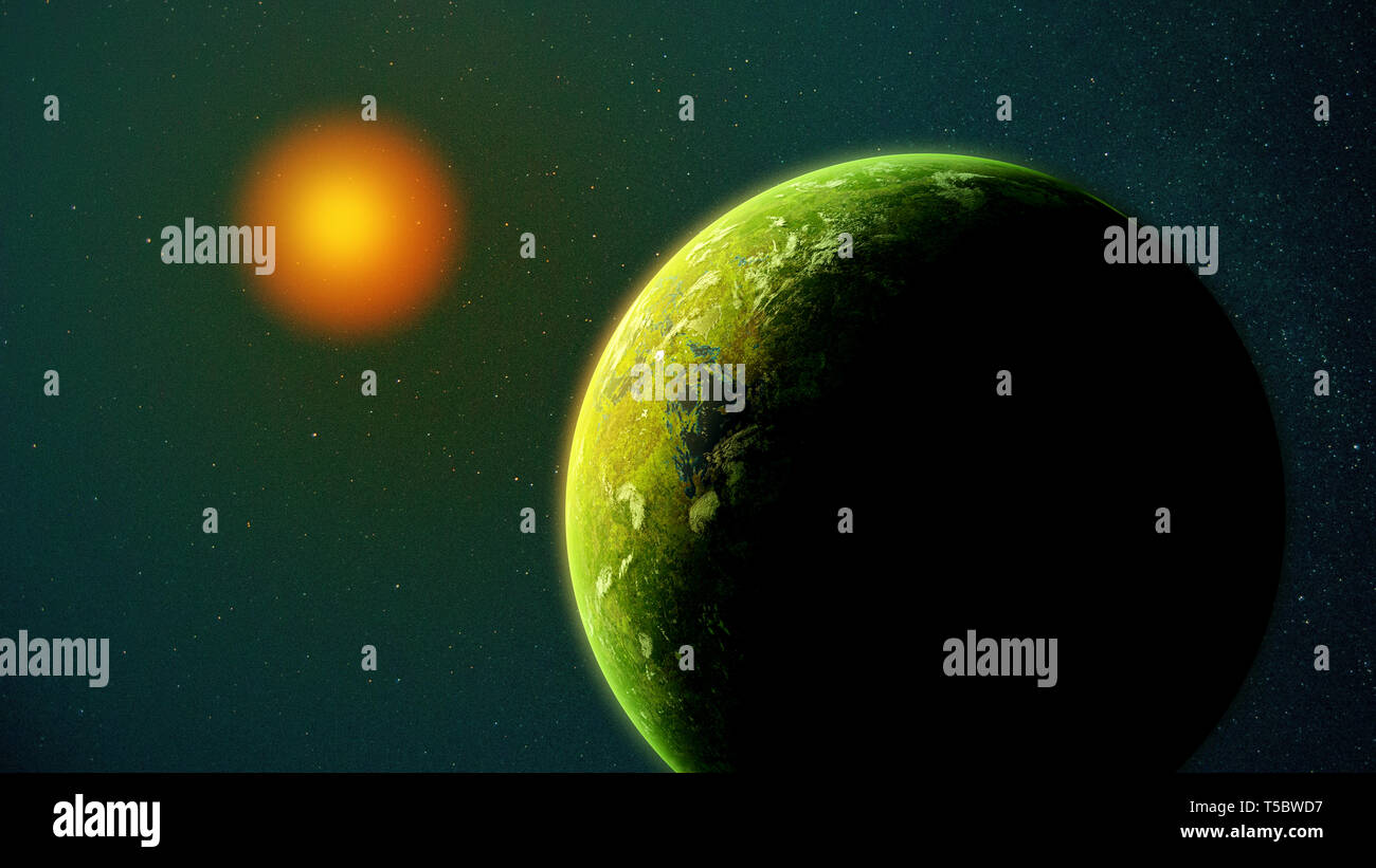 sunrise over forest exoplanet, jungle alien planet in a distant star system (3d space rendering) Stock Photo