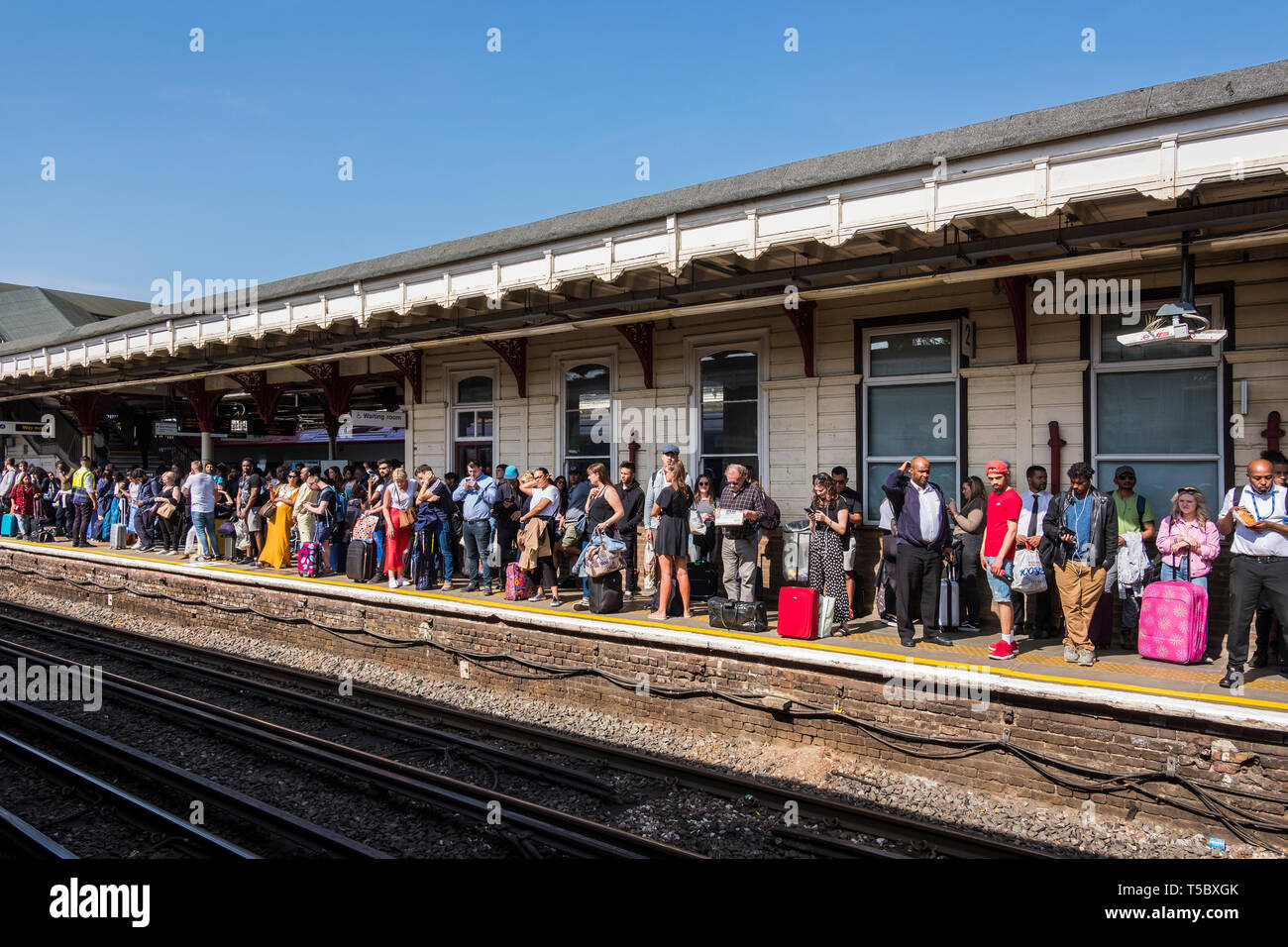 Virgin Train services starting & Terminating at Harrow & Wealdstone Station during Easter holiday shutdown of Euston Station causes overcrowding. Stock Photo