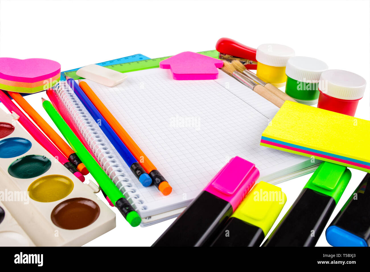 Sticker Stapler Stationery isolated on white. Notebooks, markers, pencils, rulers ...
