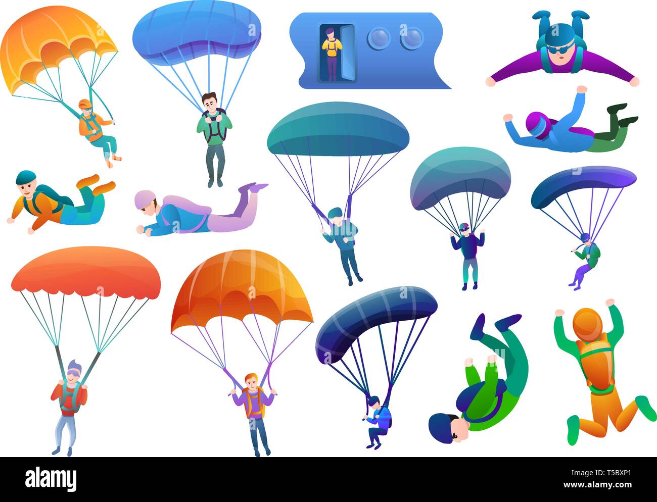 Skydivers icons set. Cartoon set of skydivers vector icons for web design Stock Vector