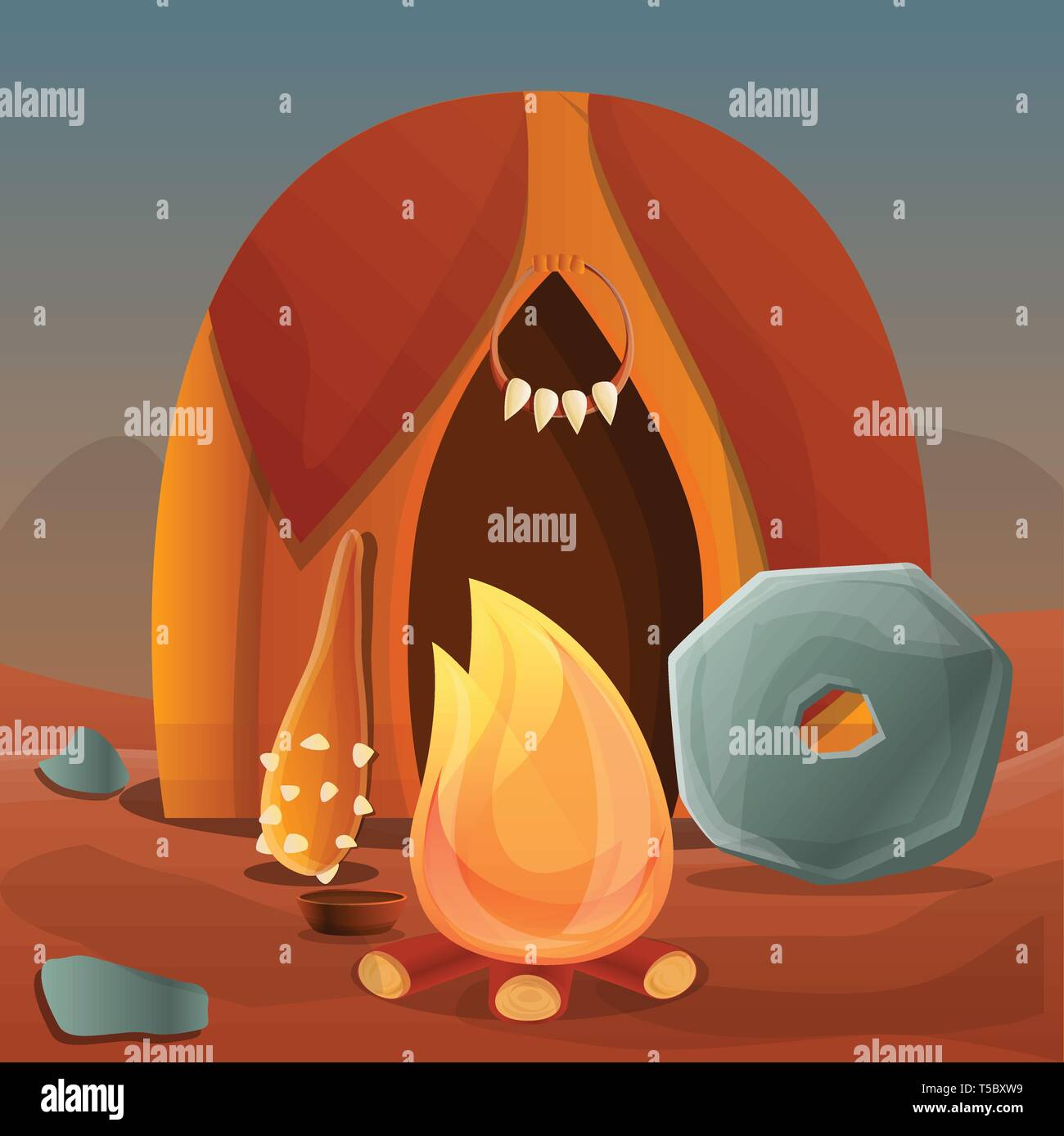 Stone age leather tent concept background. Cartoon illustration of stone age leather tent vector concept background for web design Stock Vector