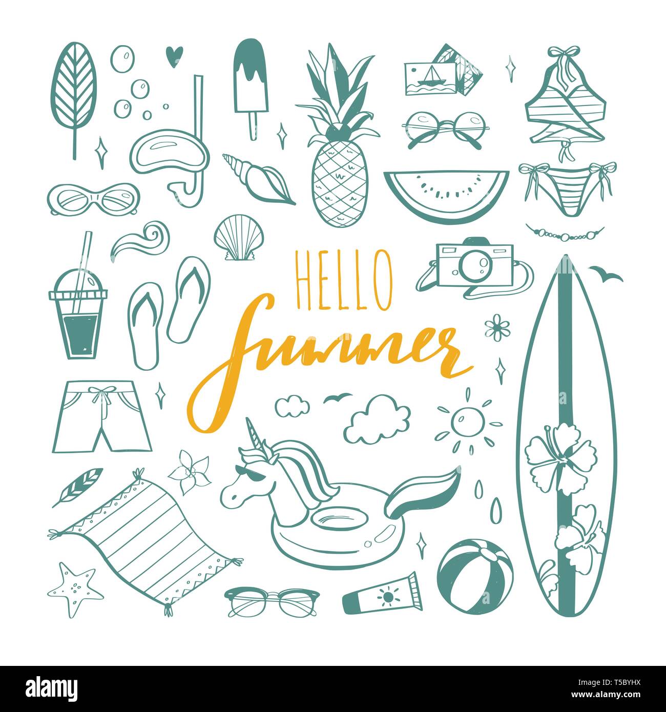 Big set of Summer vector design doodle elements. Beach collection