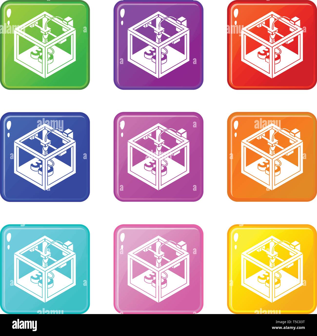 Three d printer icons set 9 color collection Stock Vector