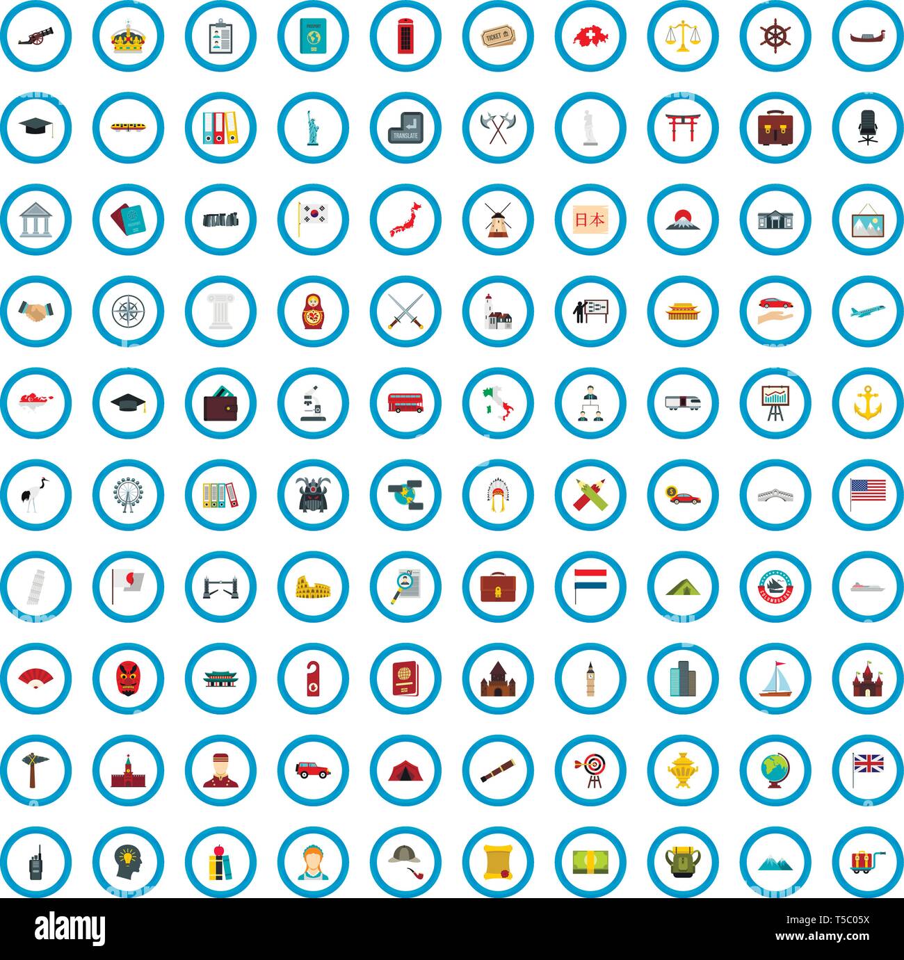 100 travel investigation icons set, flat style Stock Vector Image & Art ...