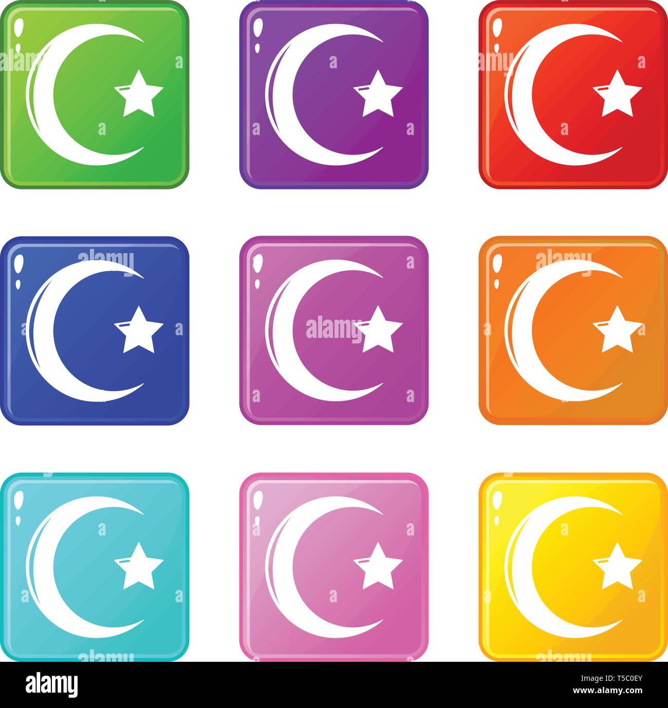 Star crescent symbol islam icons set 9 color collection Stock Vector