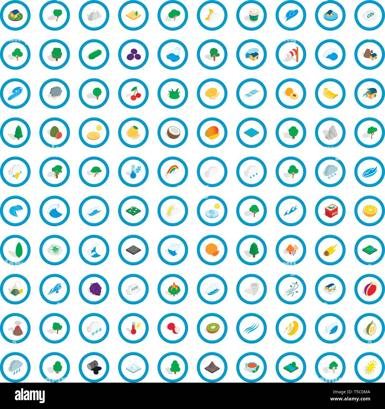 100 tree icons set, isometric 3d style Stock Vector