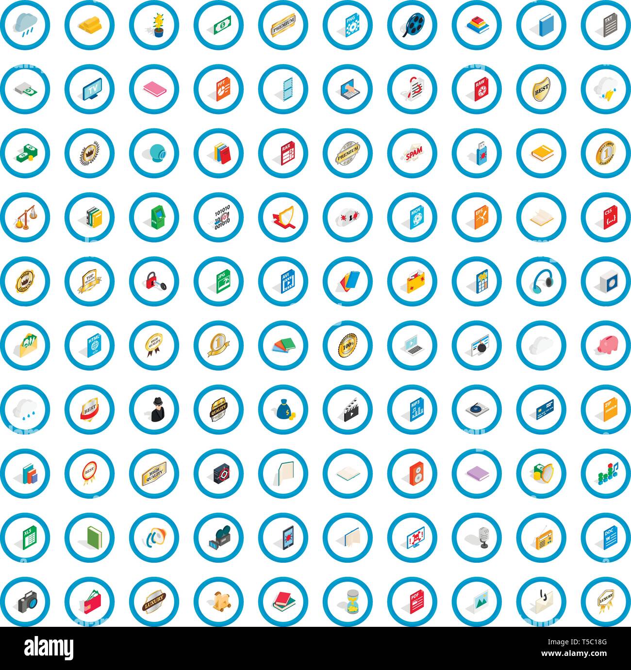100 type icons set, isometric 3d style Stock Vector