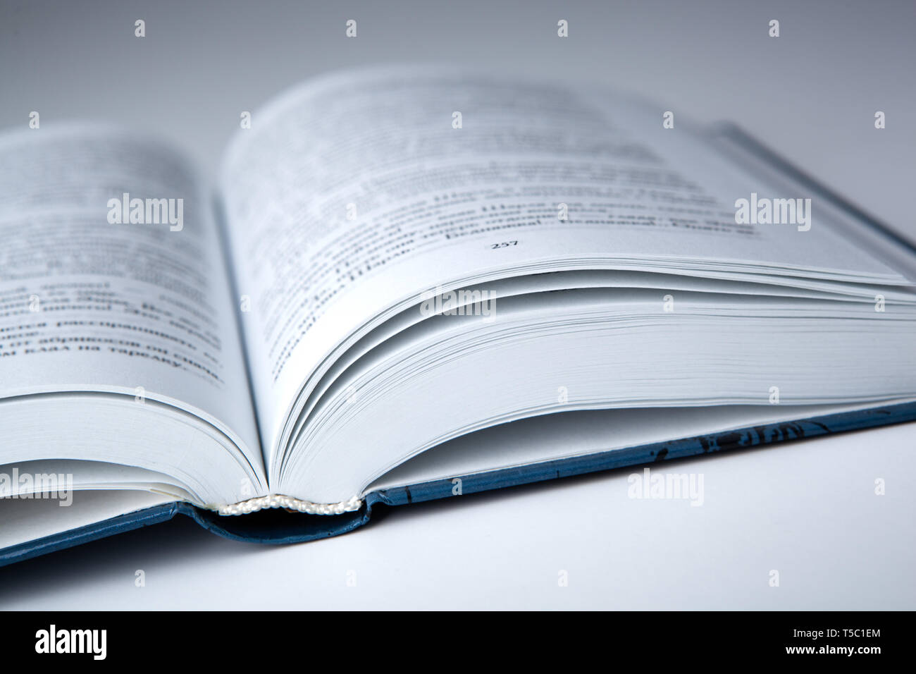 new open book with on a gray table close up Stock Photo