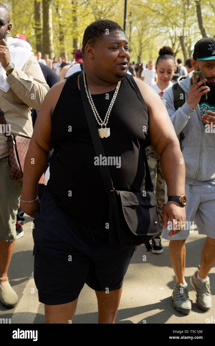 Grime artise Big Narstie in Hyde Park as Thousands of revellers gather to smoke cannabis in as part of '4/20 Day', an annual international event takin Stock Photo
