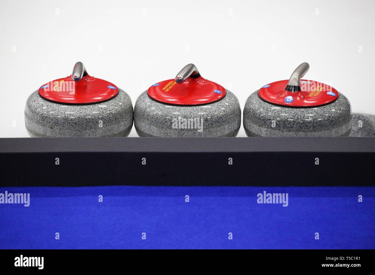 Silkeborg, Denmark - March 22, 2019: Curling stones on ice during the 2019 world women's curling championship in Silkeborg, Denmark Stock Photo