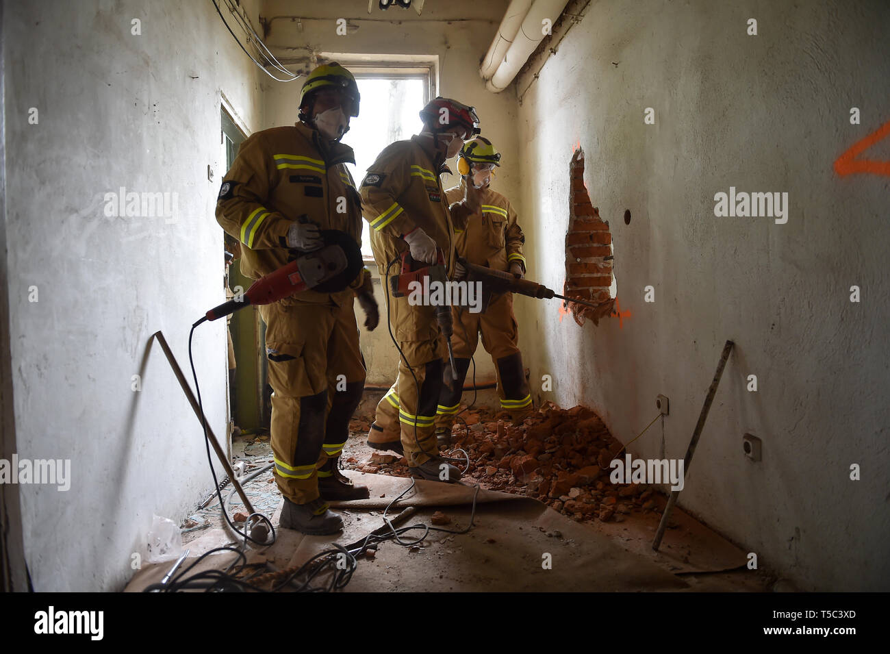BUCHAREST, ROMANIA - APRIL 10, 2019: Emergency rescue team in action during the most complex medical exercise in the history of NATO, Vigorous Warrior Stock Photo