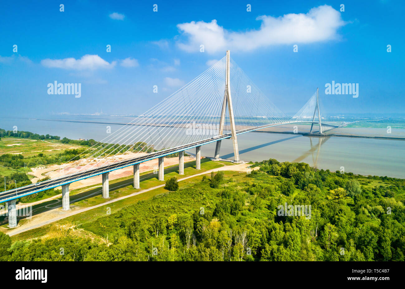 Aerial view of the Pont de Normandie, a cablestayed road bridge that