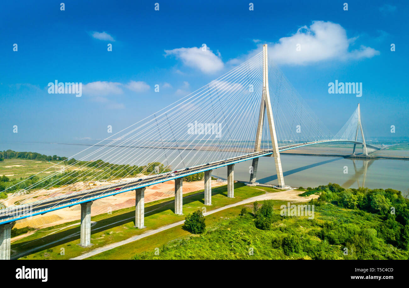 Aerial view of the Pont de Normandie, a cable-stayed road bridge that spans the river Seine linking Le Havre to Honfleur in Normandy, northern France Stock Photo