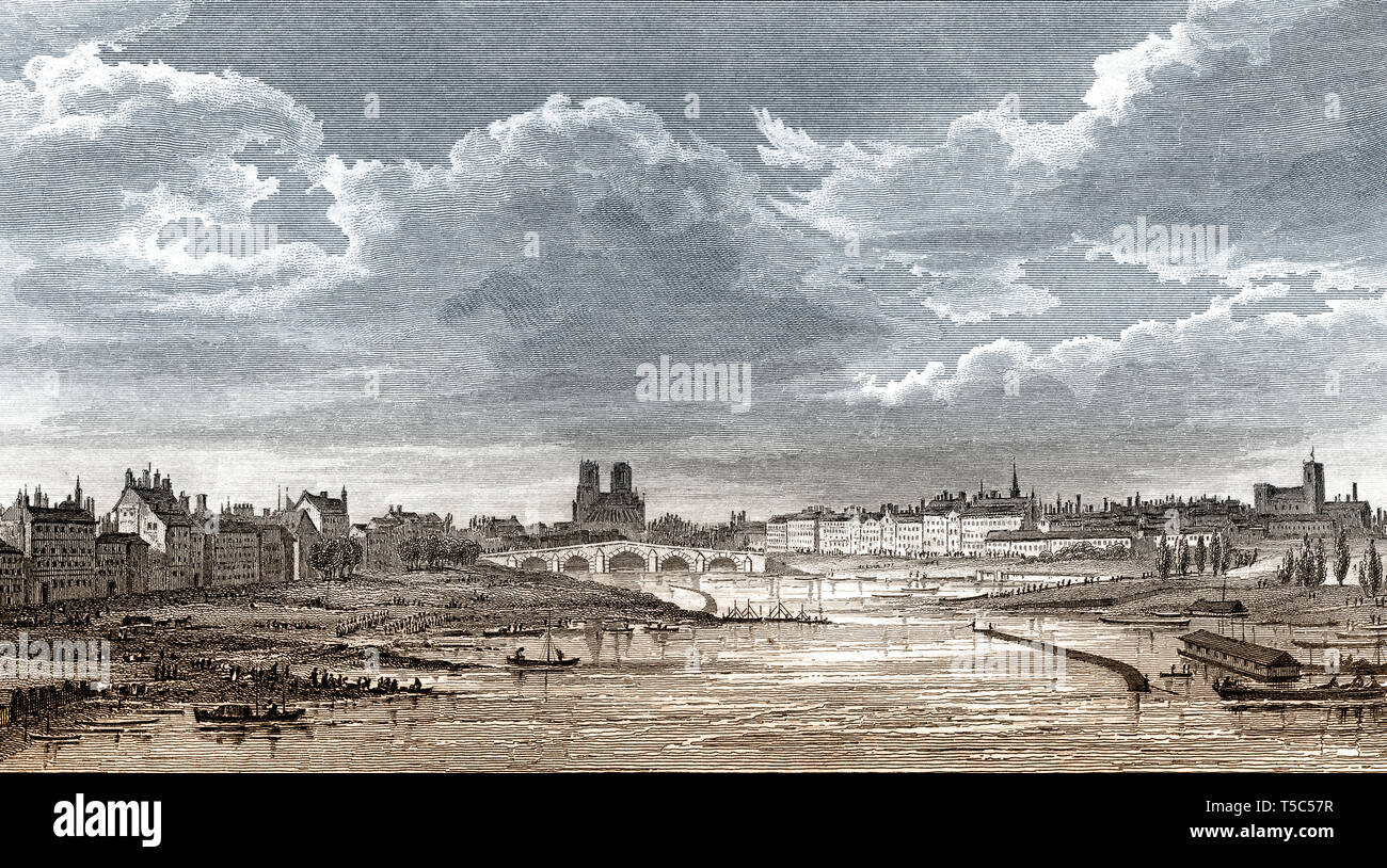 Panorama of Paris with Notre-Dame de Paris, antique steel engraved print, 1831 Stock Photo