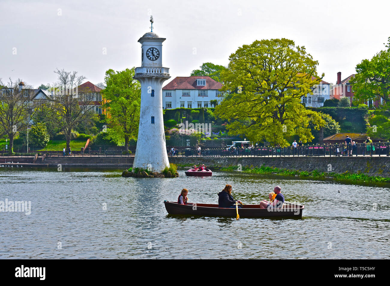 View across Roath Park Lake, Cardiff,towards the Scott Memorial Clock ...
