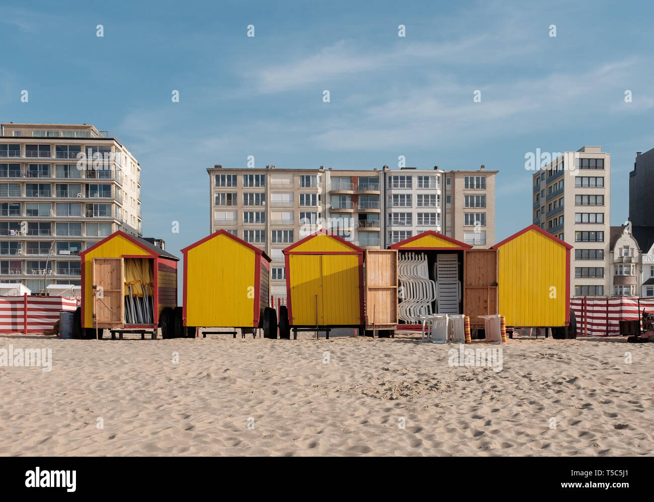 Vintage beach huts on the Belgian coast Stock Photo