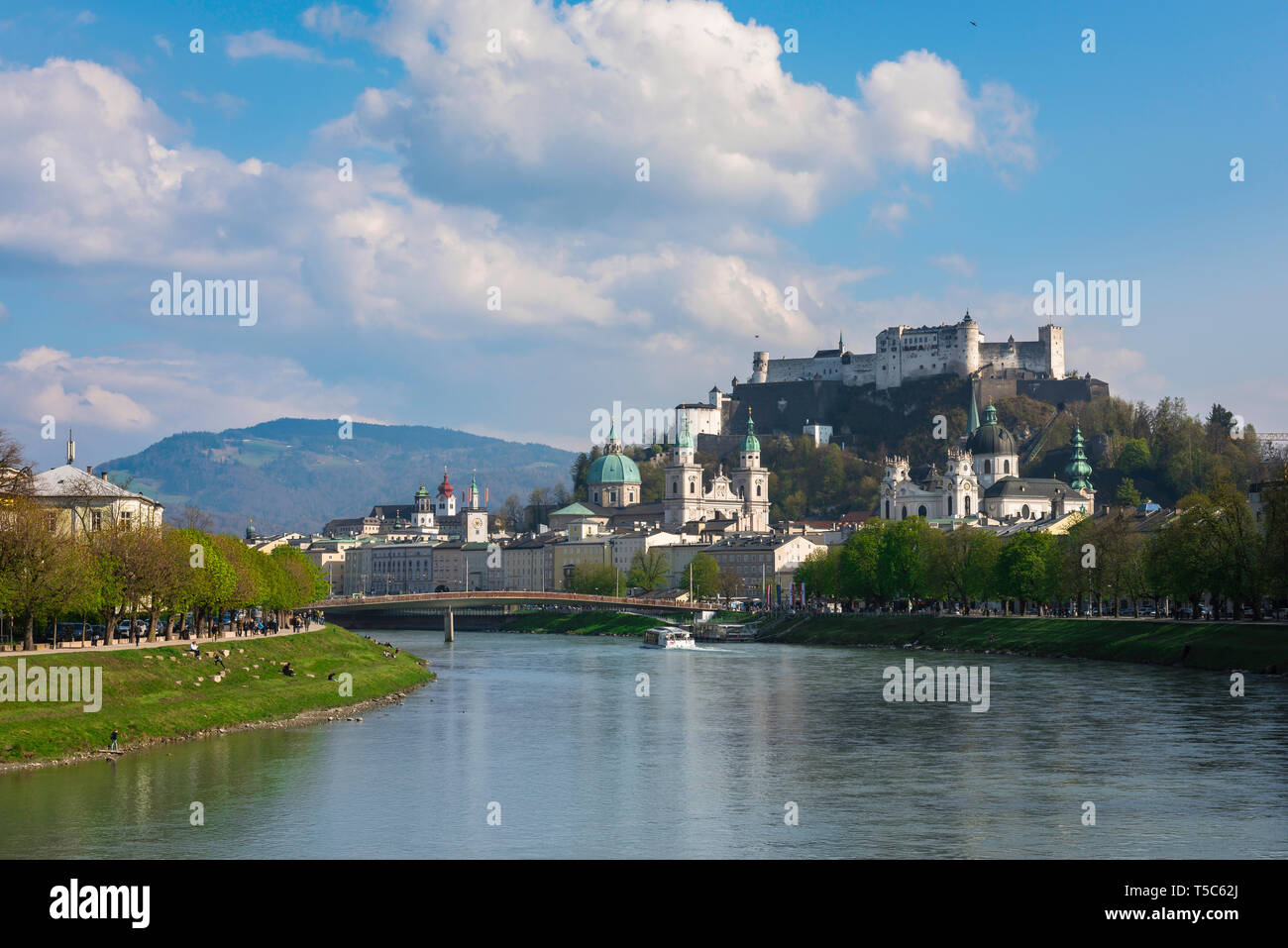 Salzburger Land, view of the cathedral, old town churches and the hill-top castle (Festung Hohensalzburg) in the city of Salzburg, Austria. Stock Photo
