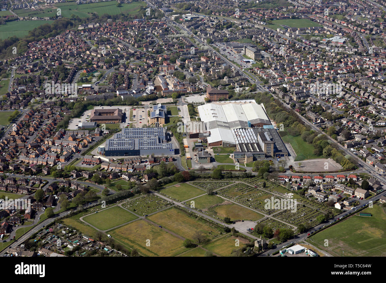 aerial view of Bulmer & Lumb manufaturing factory & Sonoco Consumer Products Ltd, Bradford, West Yorkshire Stock Photo