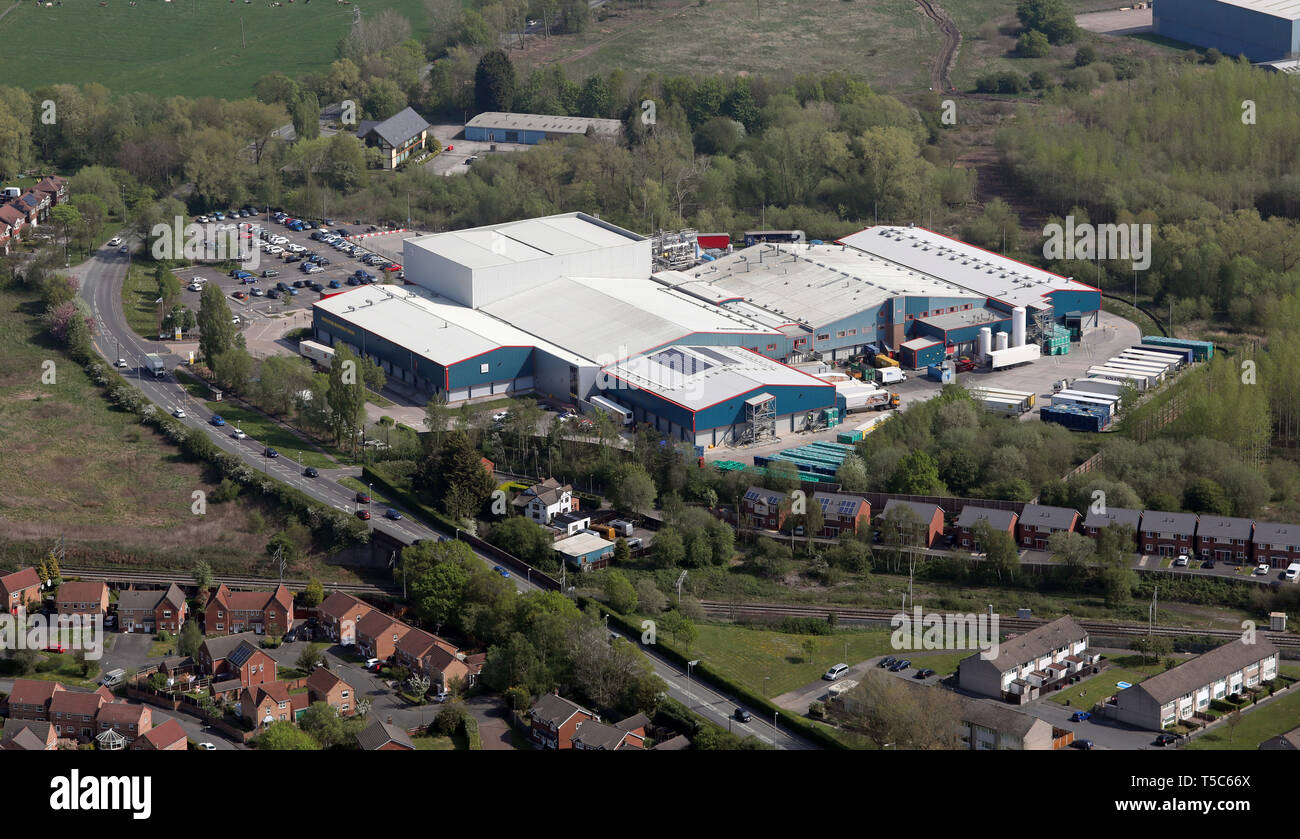 aerial view of the Morrisons Manufacturing factory at Wharton Bridge, Stock Photo