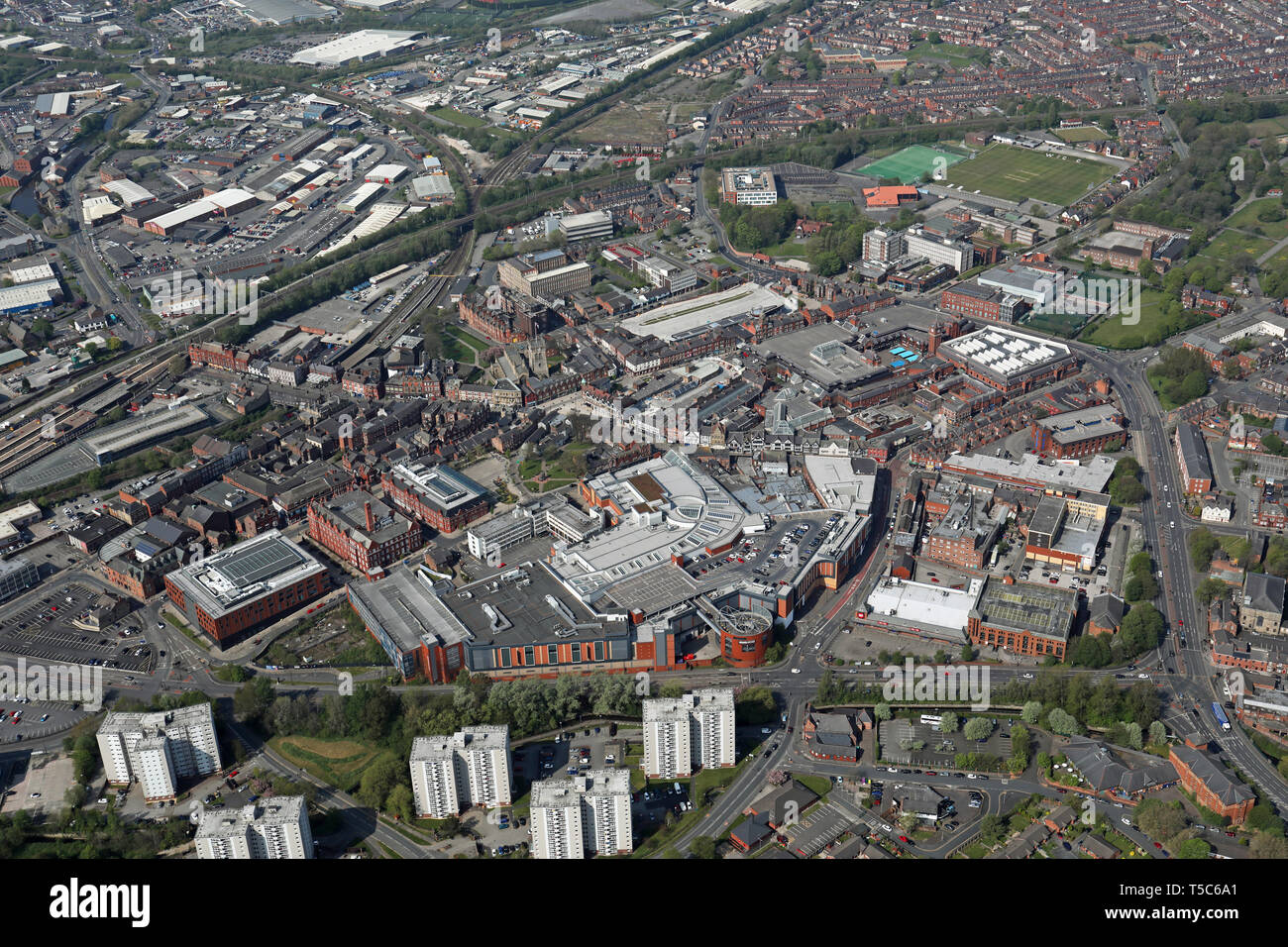 aerial view of Wigan town centre, Great Manchester Stock Photo