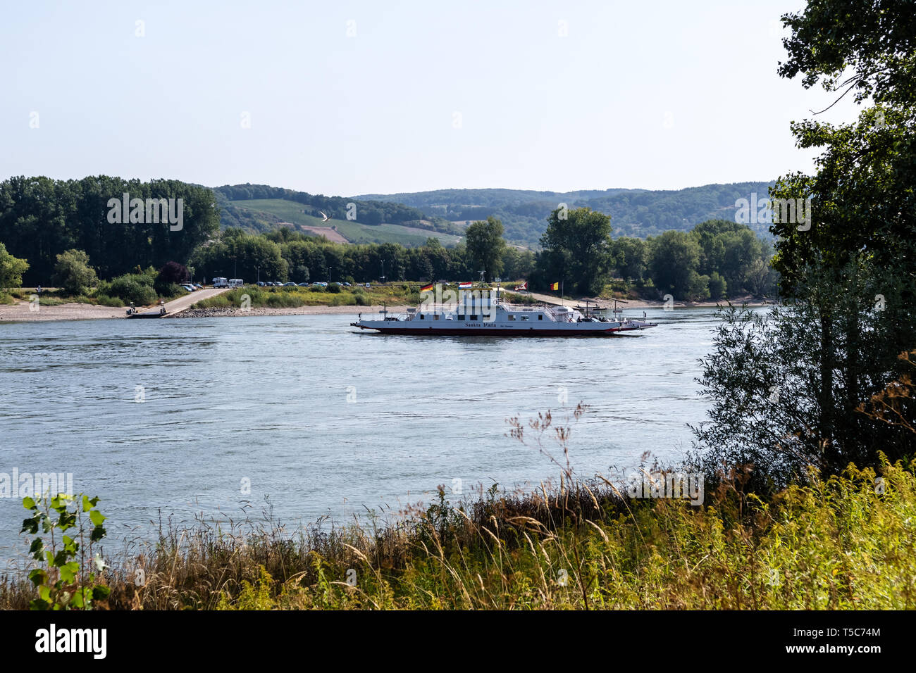 Ferry at Rhine River between Rheinbrohl and Bad Breisig, Rhineland Palatinate, Germany, 19.08.2018 Stock Photo