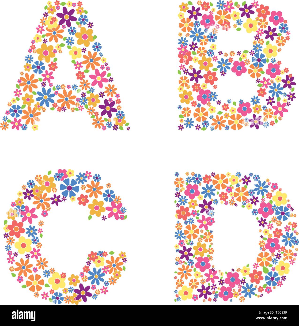 Alphabet part, letters A, B, C, D filled with a variety of colorful flowers isolated on white background vector illustration Stock Vector