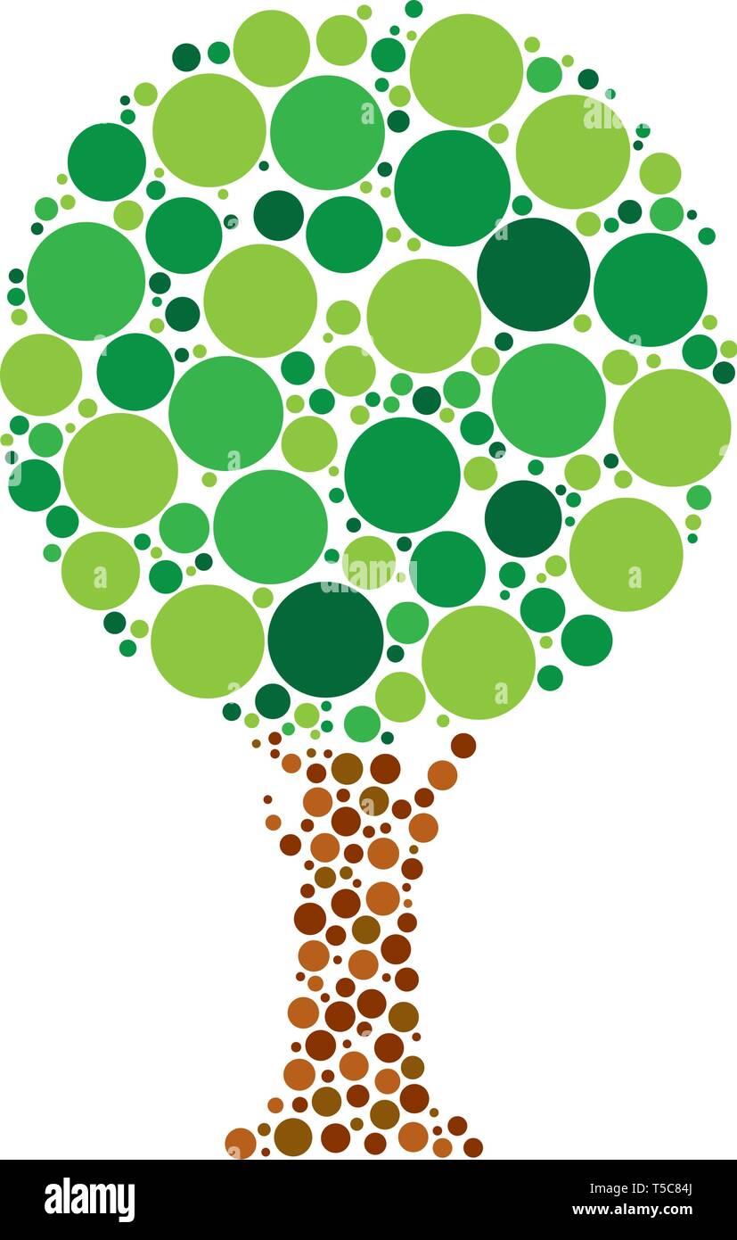 Simple tree vector illustration made of green and brown dots Stock Vector