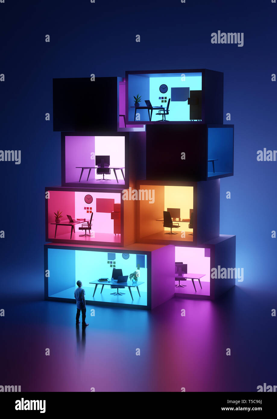 stacked glowing office rooms. Business workplace and co-working jobs concept. 3D illustration. Stock Photo