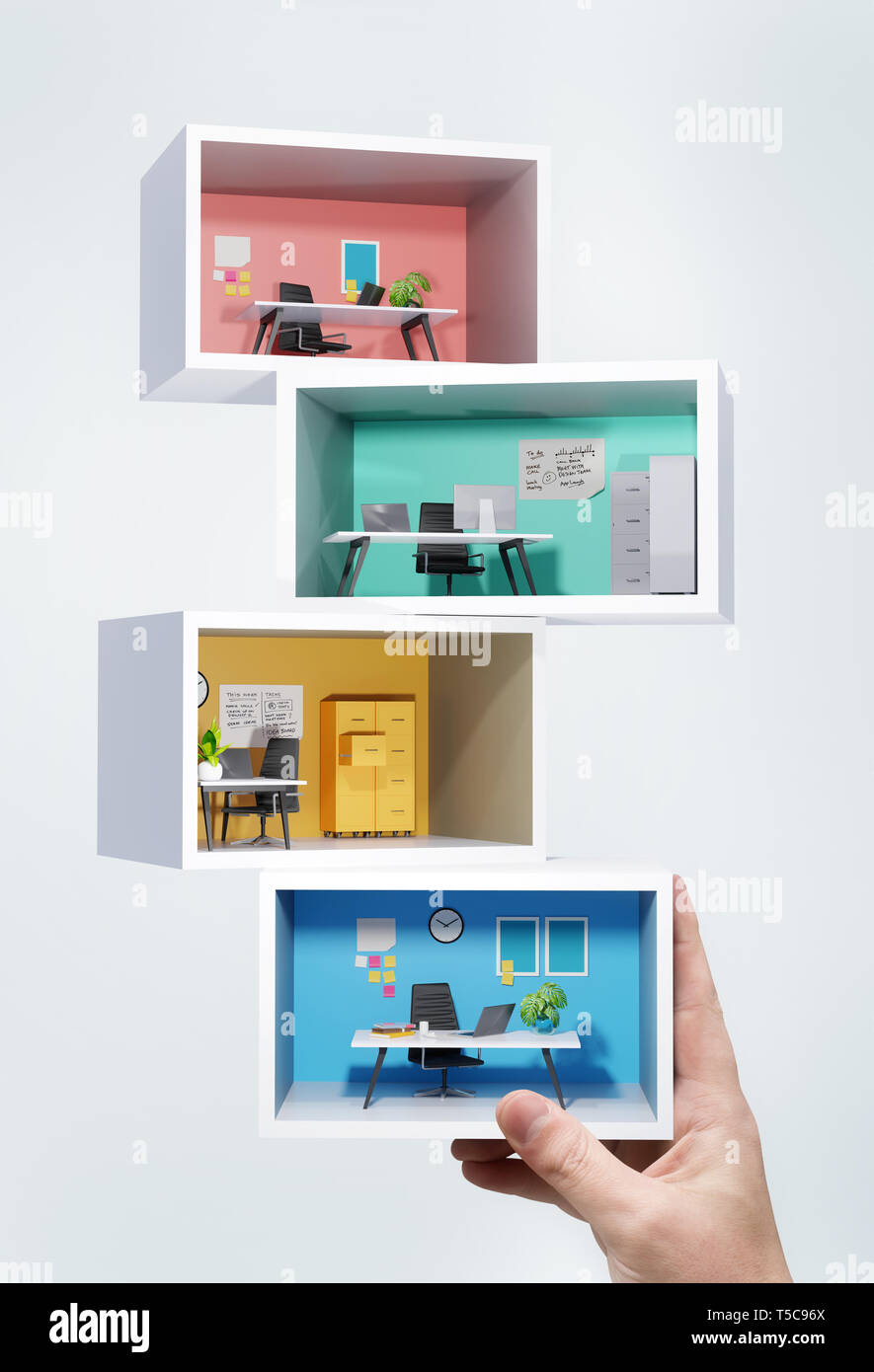 Work and business concept. A person holding a stack of individual miniature business office rooms. 3D illustration. Stock Photo