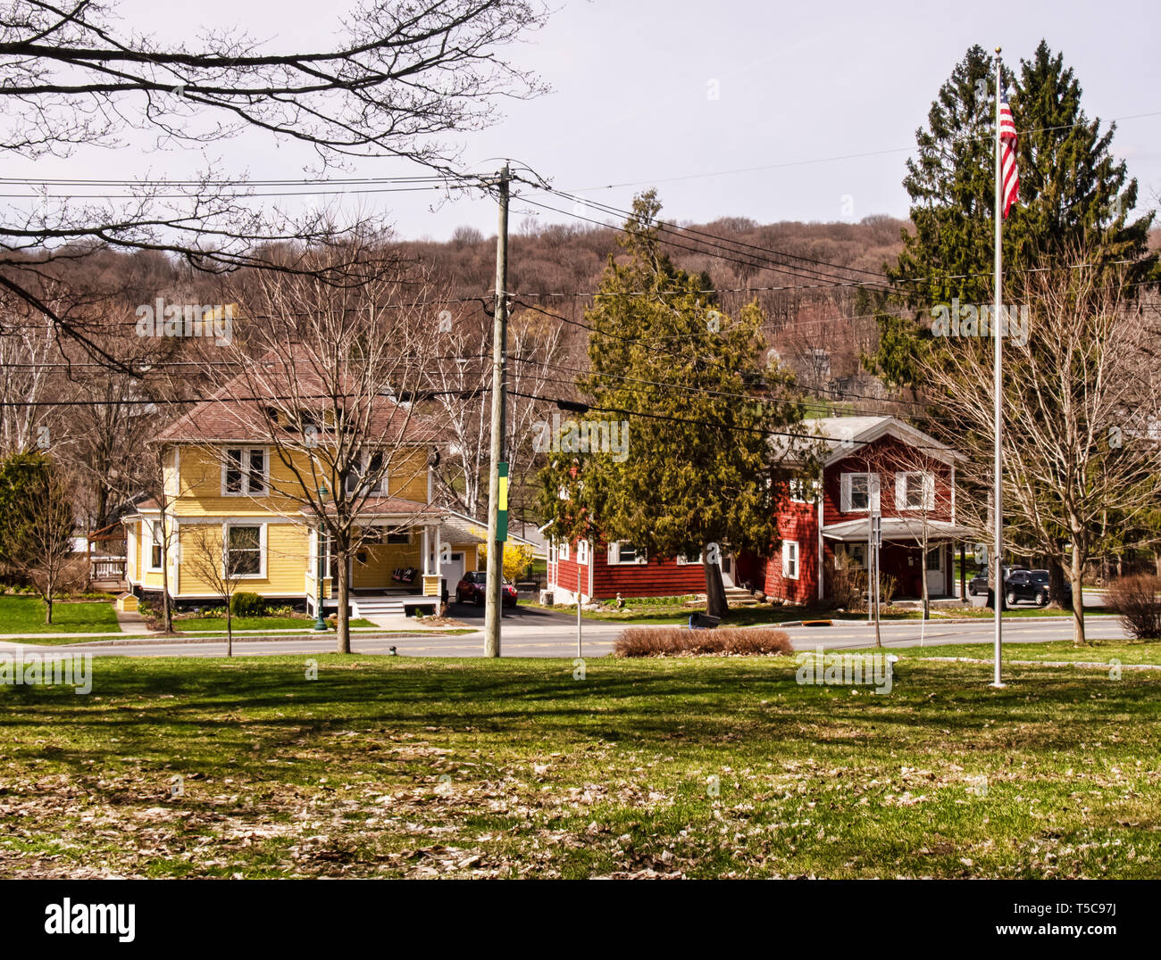 View of the small mountainous village of Marcellus, New York on an early spring morning Stock Photo