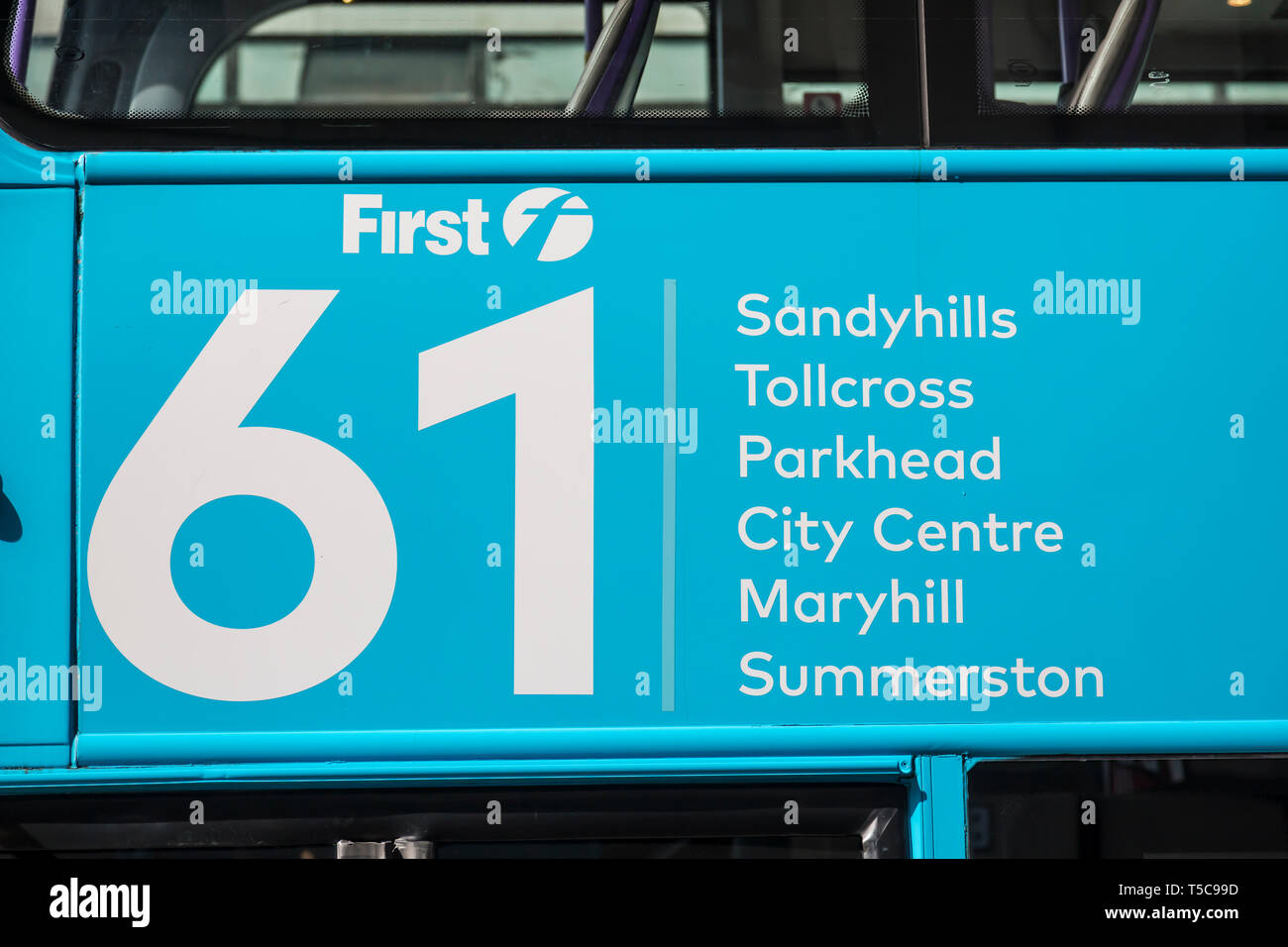 Destinations on the side of a Number 61 First Bus in Glasgow, Scotland, UK Stock Photo