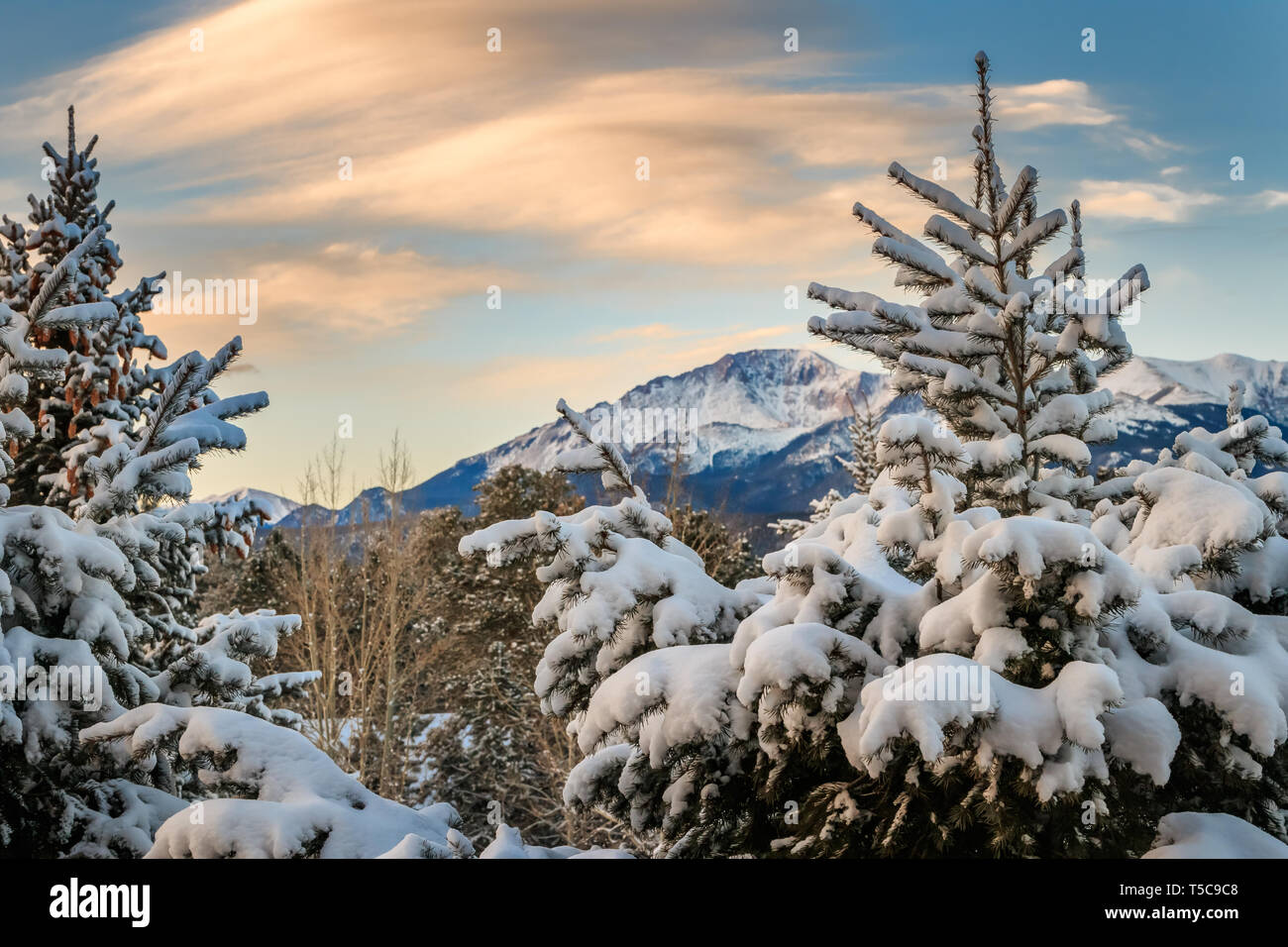 Pikes Peak seen from woodland Park, CO, on a snowy morning Stock Photo