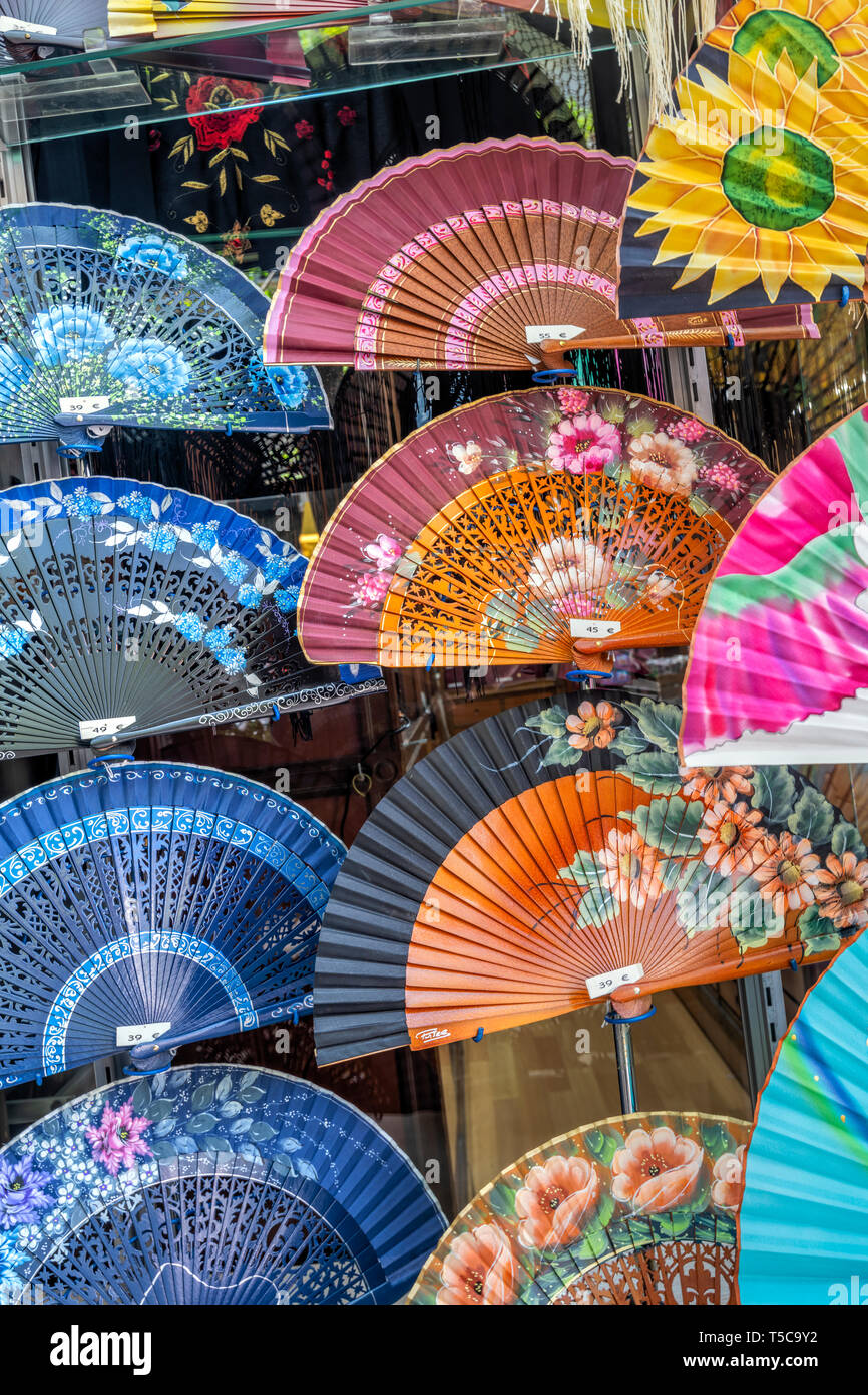 Typical Spanish folding hand fan for sale in a tourist shop, Valencia, Spain Stock Photo