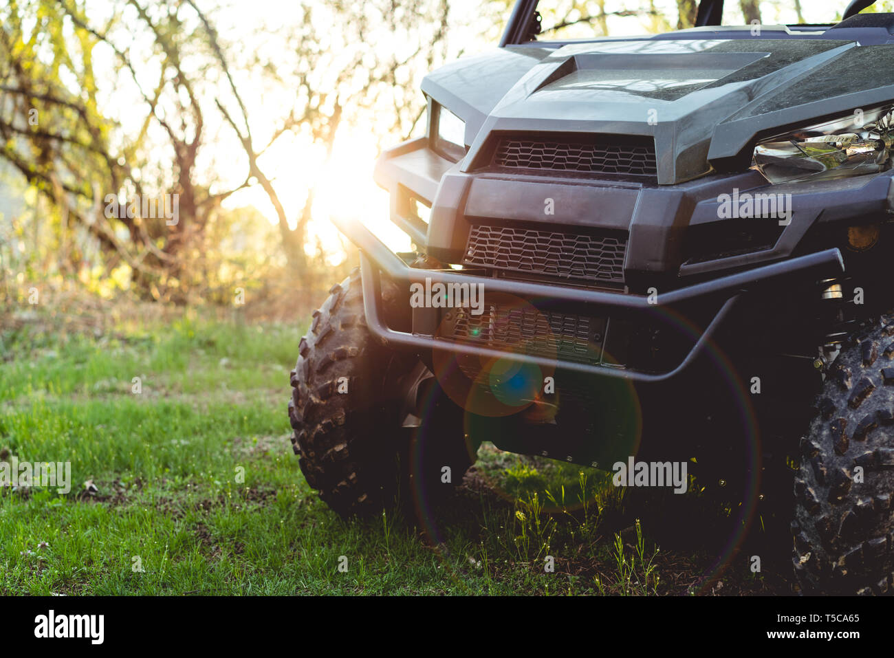 ATV or UTV 4x4 vehicle off-road recreation in green forest area at sunset Stock Photo