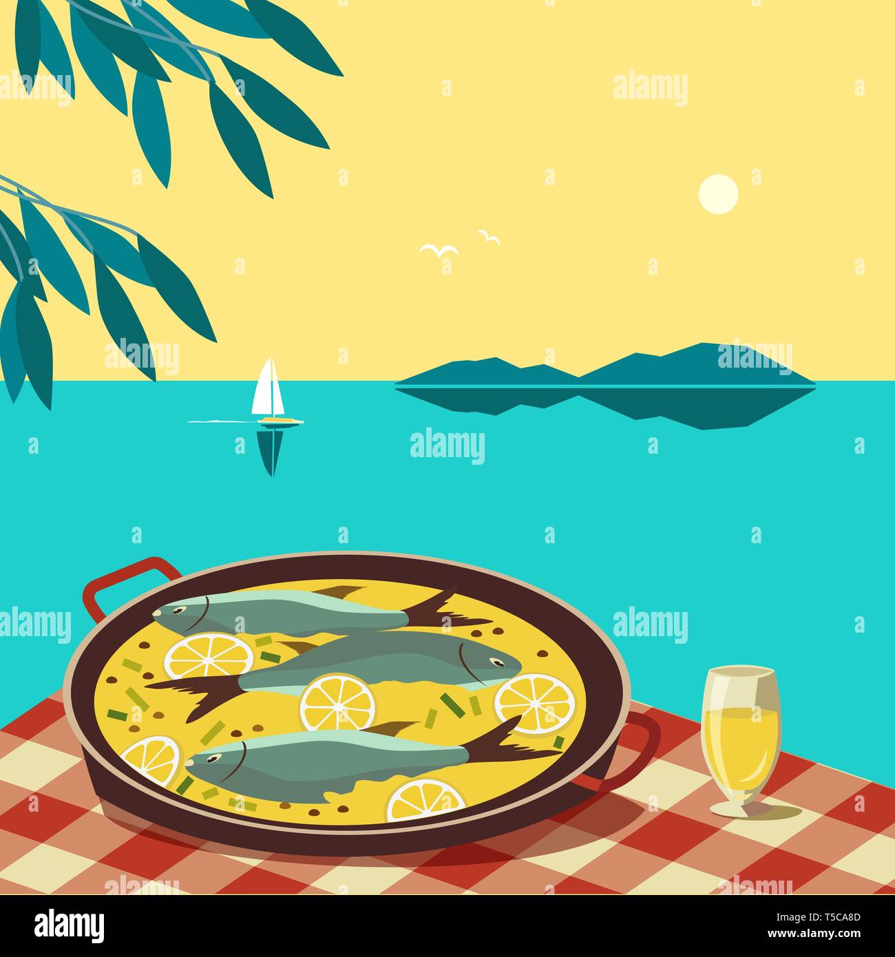 Flat hand drawn vector color seafood dish Stock Vector