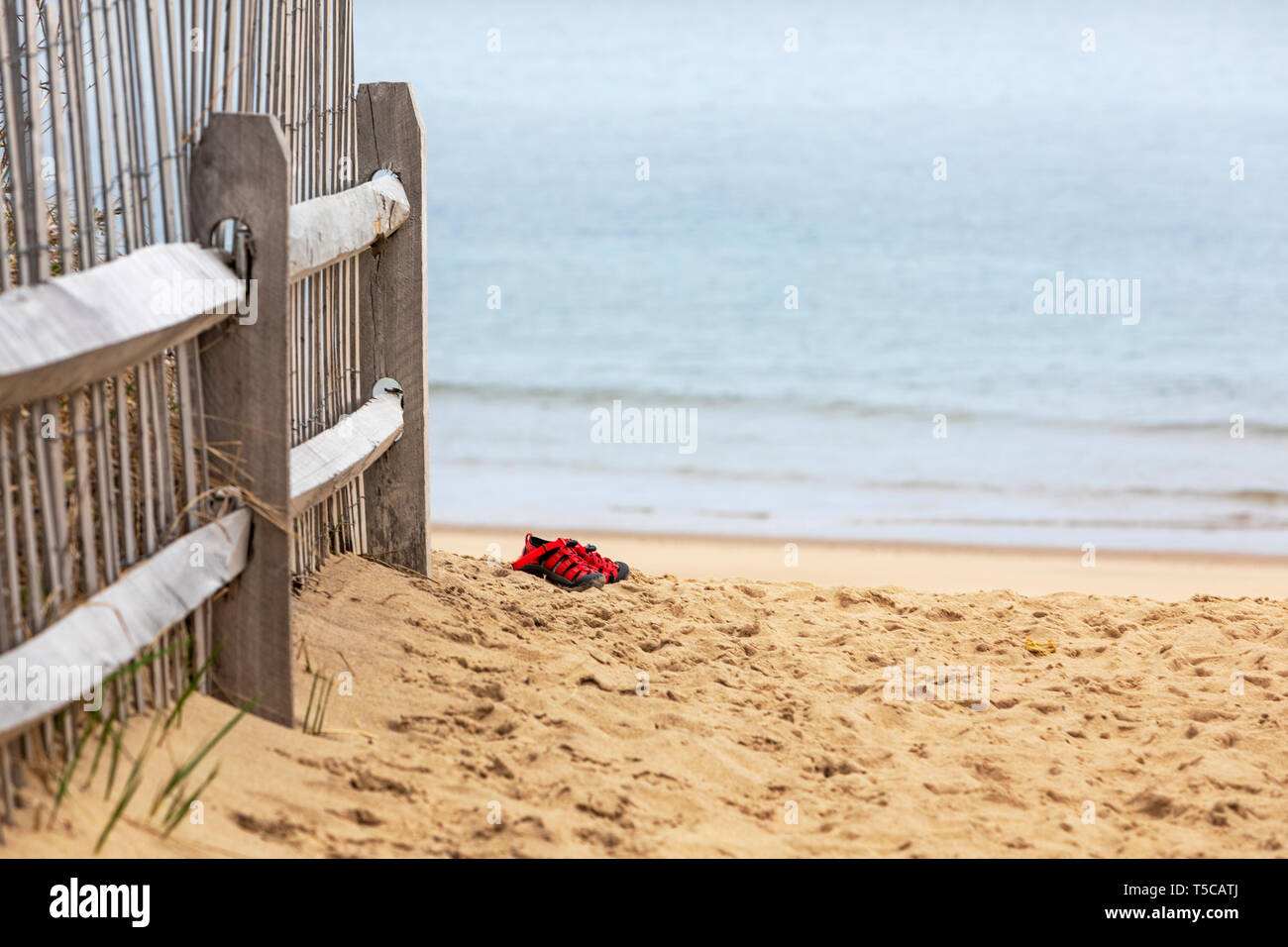 Sneakers on a deserted beach by the ocean without their owner. Stock Photo