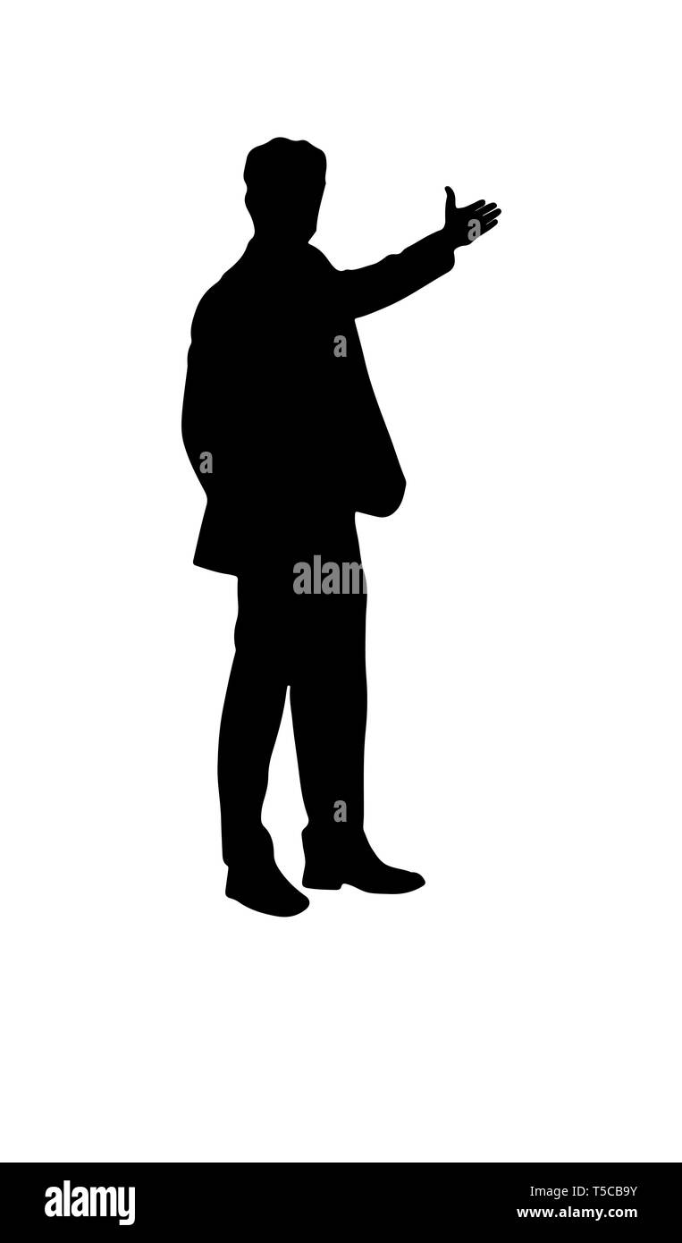 Silhouette of a man with an outstretched arm. The man offers to go in the direction of the outstretched arm, flat design. Stock Vector
