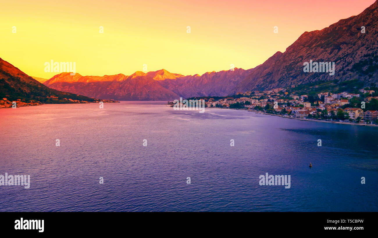 City of Kotor, Montenegro at Sunrise on Bay of Kotor Stock Photo