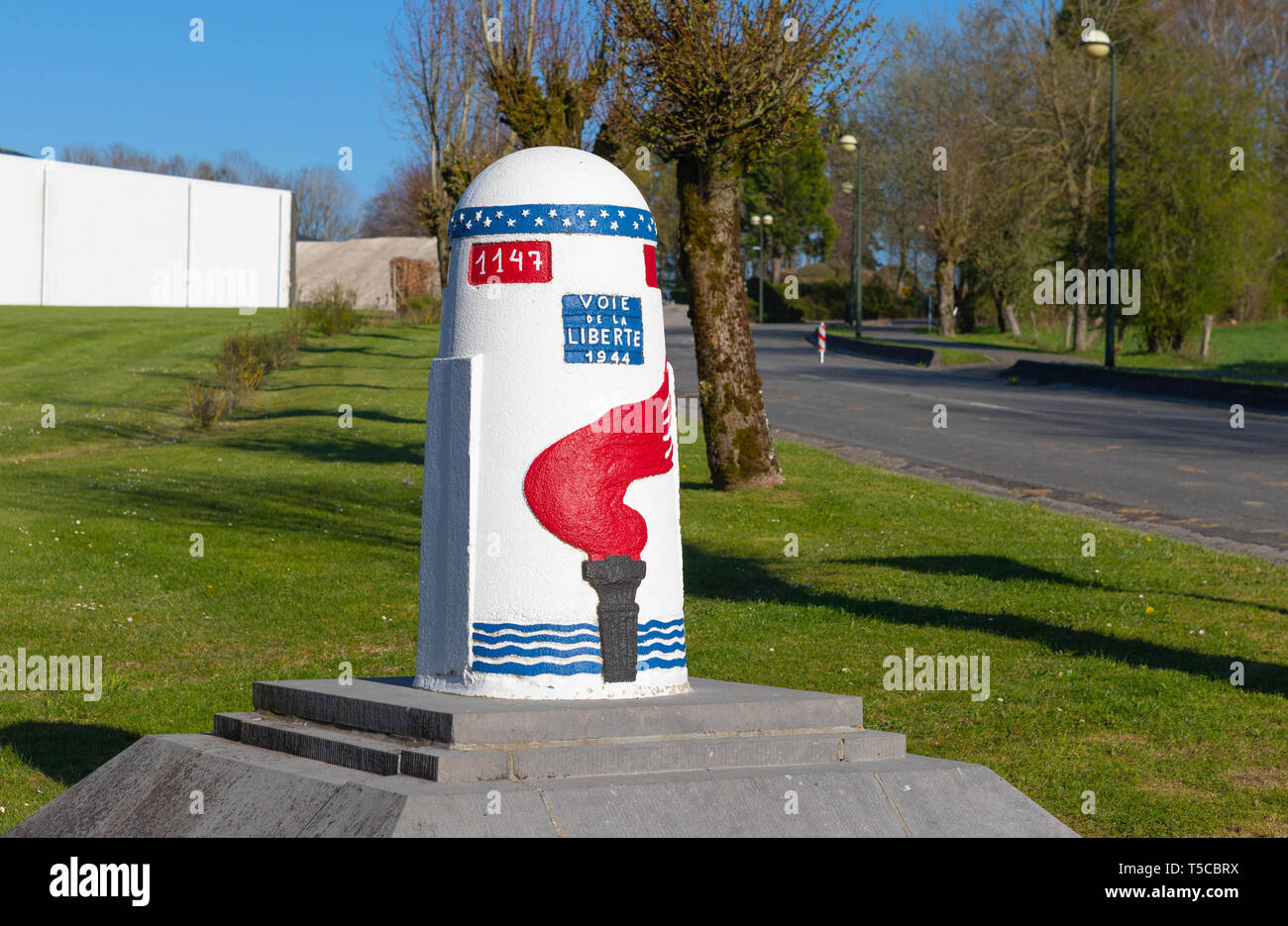Bastogne, Belgium, April 20, 2019  Milestone of the Liberation Route 'Voie de la Liberte 1944' ,which began in St Mere Eglise, what was the first town Stock Photo