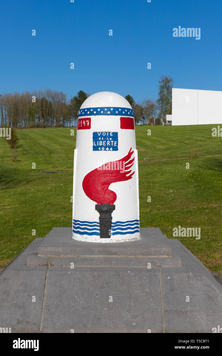 Bastogne, Belgium, April 20, 2019  Milestone of the Liberation Route 'Voie de la Liberte 1944' ,which began in St Mere Eglise, what was the first town Stock Photo