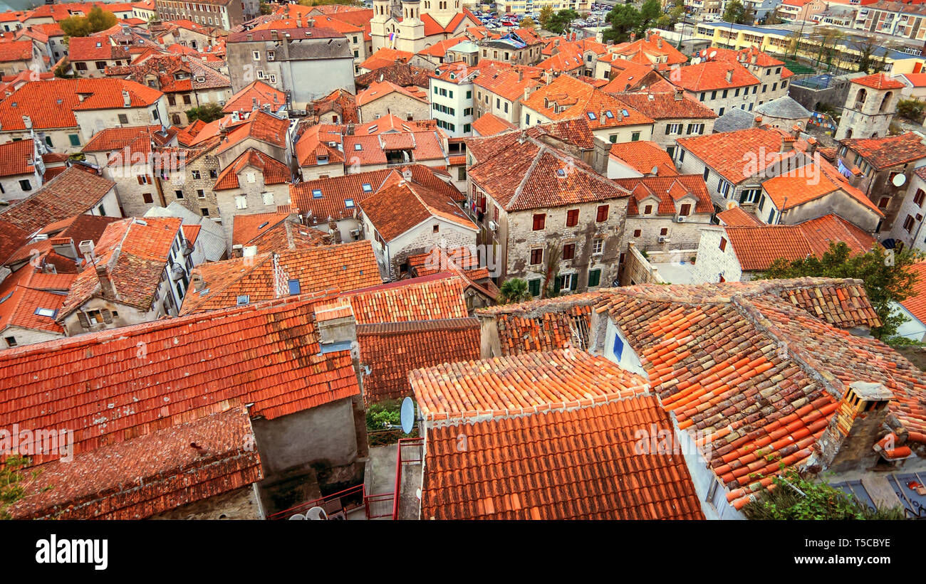 Red Ceramic Tile Rooftops of Kotor, Montenegro, Old Town Stock Photo