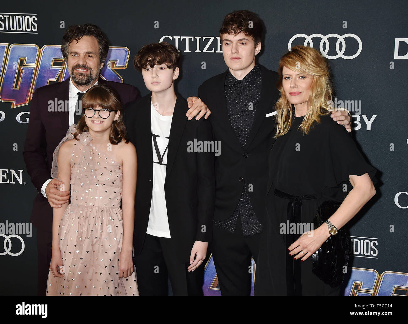 LOS ANGELES, CA - APRIL 22: (L-R) Mark Ruffalo, Odette Ruffalo, Bella Noche, Keen Ruffalo and Sunrise Coigney arrive at the world premiere Of Walt Disney Studios Motion Pictures 'Avengers: Endgame' at the Los Angeles Convention Center on April 22, 2019 in Los Angeles, California. Stock Photo