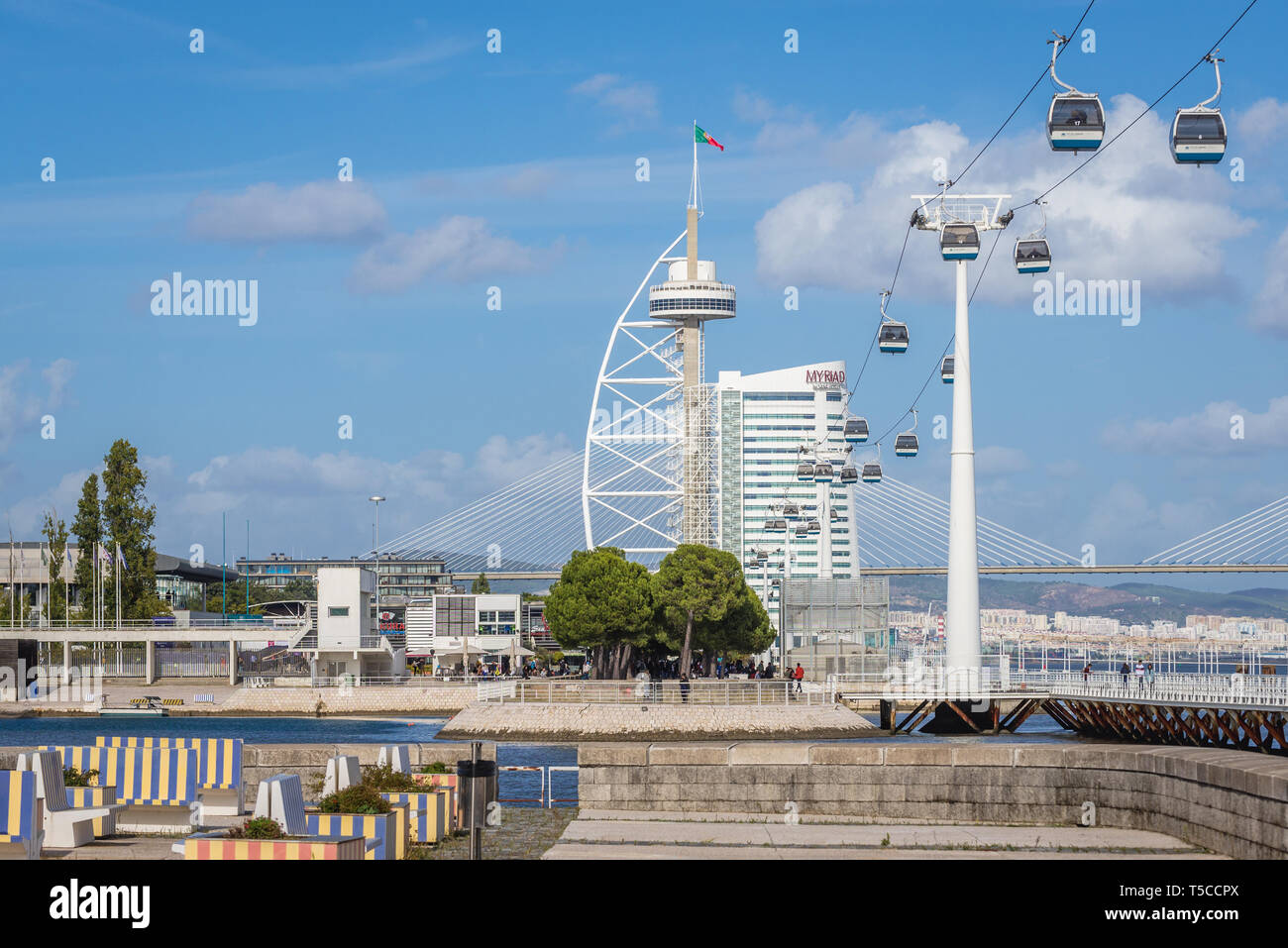 Vasco da Gama Tower and Telecabine Lisbon aerial cable car in Park of  Nations in Lisbon city, Portugal Stock Photo - Alamy