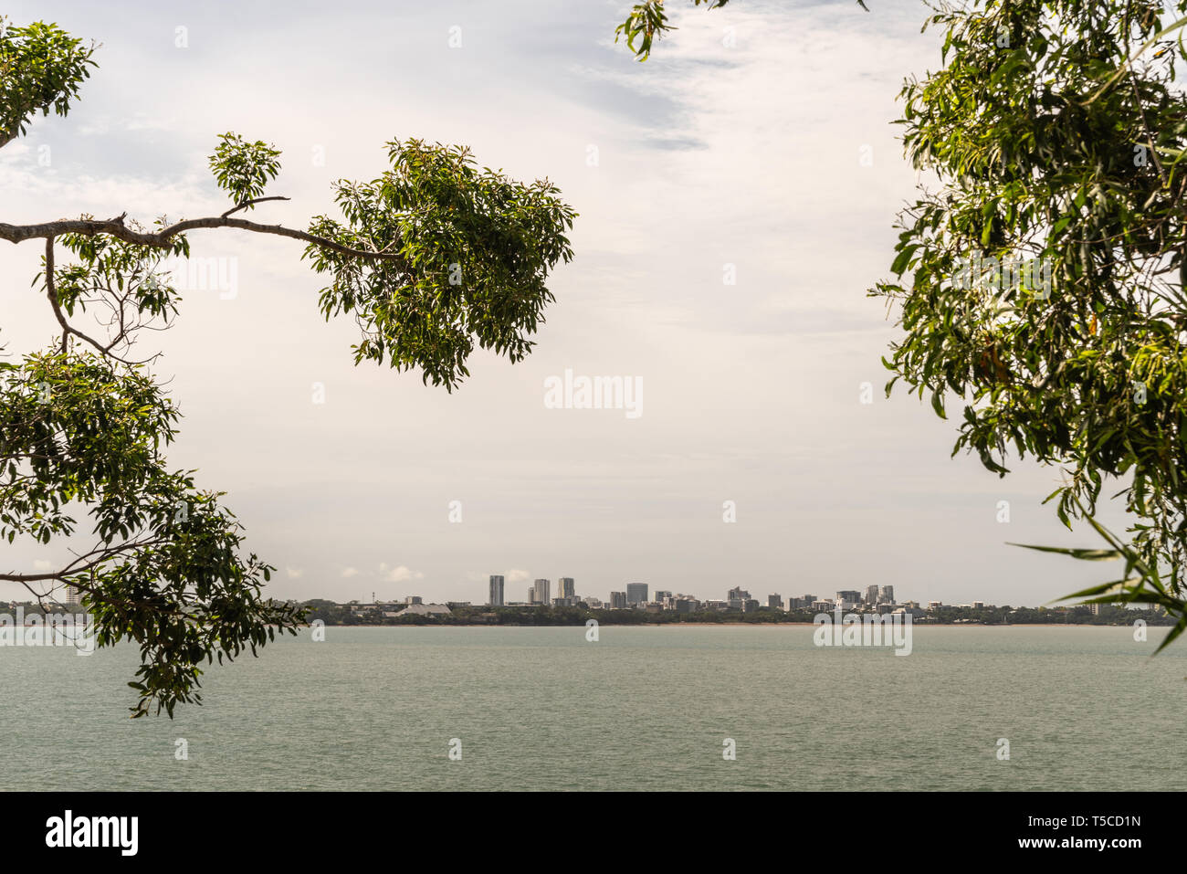 Darwin Australia - February 22, 2019: Darwin skyline seen from East Point over Fannie Bay sea water under light cloudy sky with green foliages on the  Stock Photo