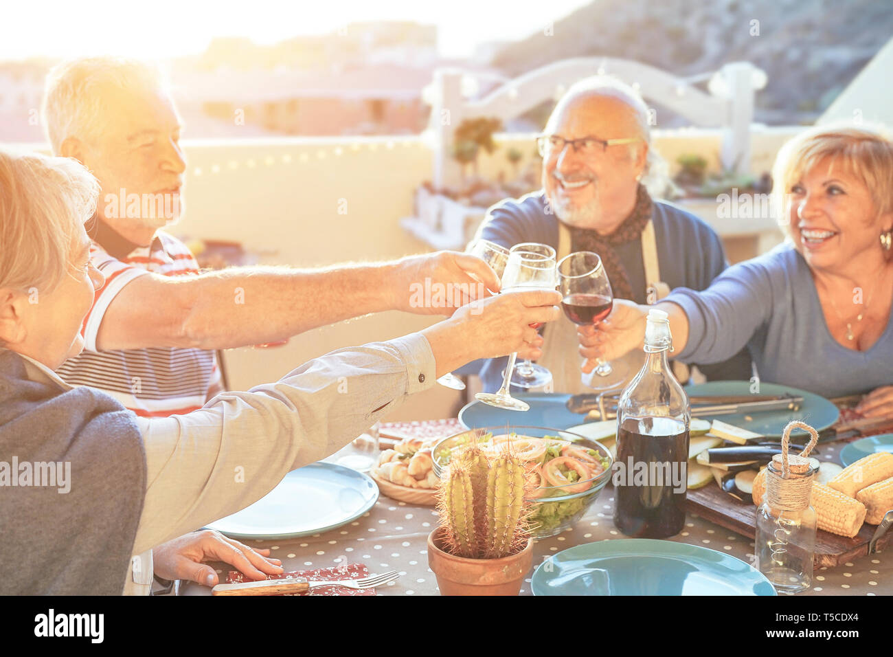 Happy senior friends having fun cheering with red wine at barbecue in terrace outdoor - Older people making dinner toasting glasses Stock Photo