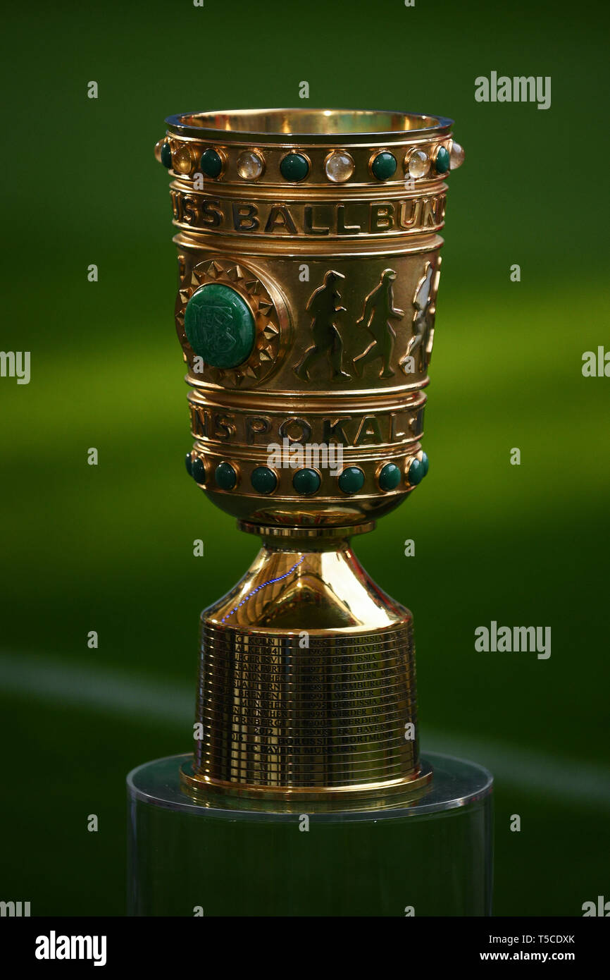 HAMBURG, GERMANY - APRIL 23: The trophy is seen prior to the DFB Pokal semi final match between Hamburger Sport Verein and Rasen Ballsport Leipzig at  Stock Photo