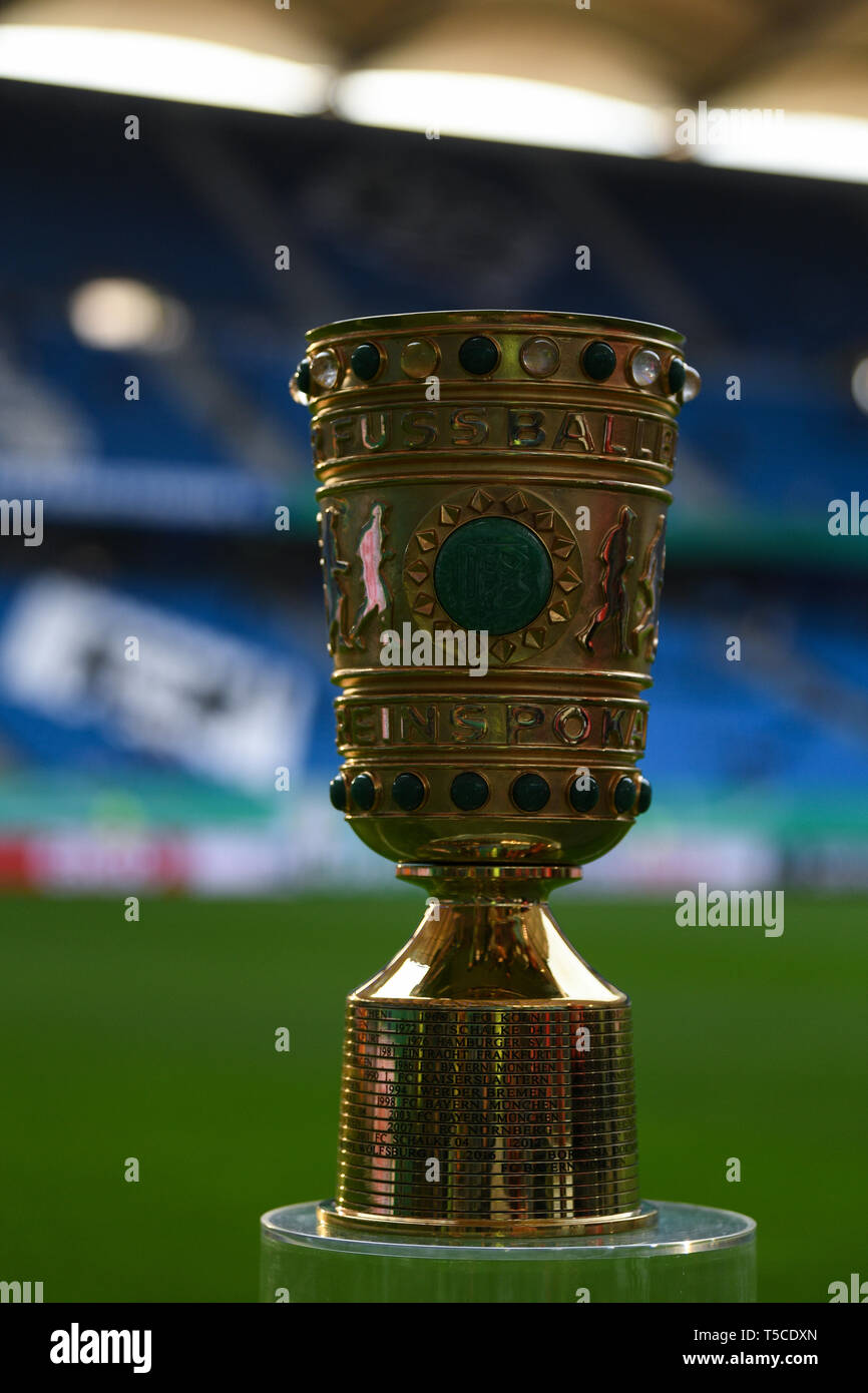 HAMBURG, GERMANY - APRIL 23: The trophy is seen prior to the DFB Pokal semi final match between Hamburger Sport Verein and Rasen Ballsport Leipzig at  Stock Photo