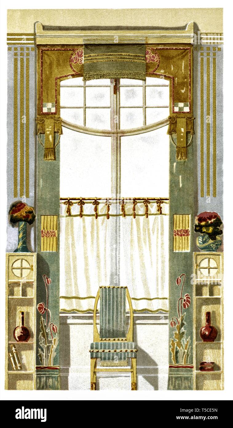 Dining room window decoration. Art Nouveau vintage illustration. By Modern Drapery 1900 Stock Photo