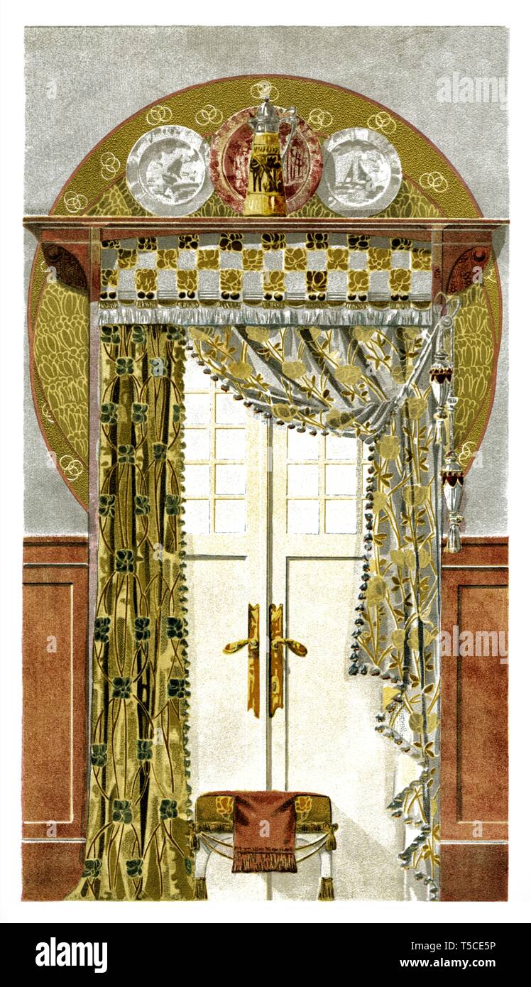 Dining room window decoration. Art Nouveau vintage illustration. By Modern Drapery 1900 Stock Photo