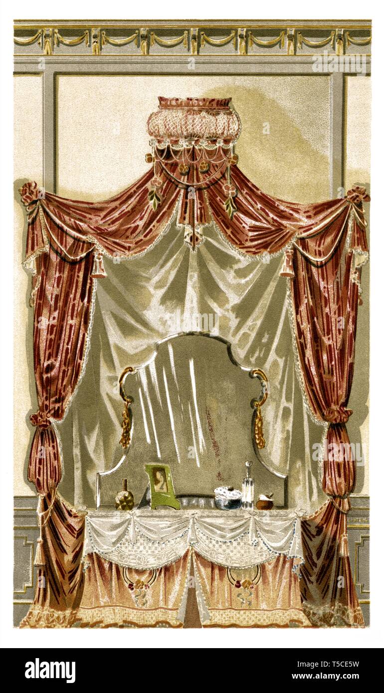 Decoration of bedroom boudoir. Art Nouveau vintage illustration. By Modern Drapery 1900 Stock Photo